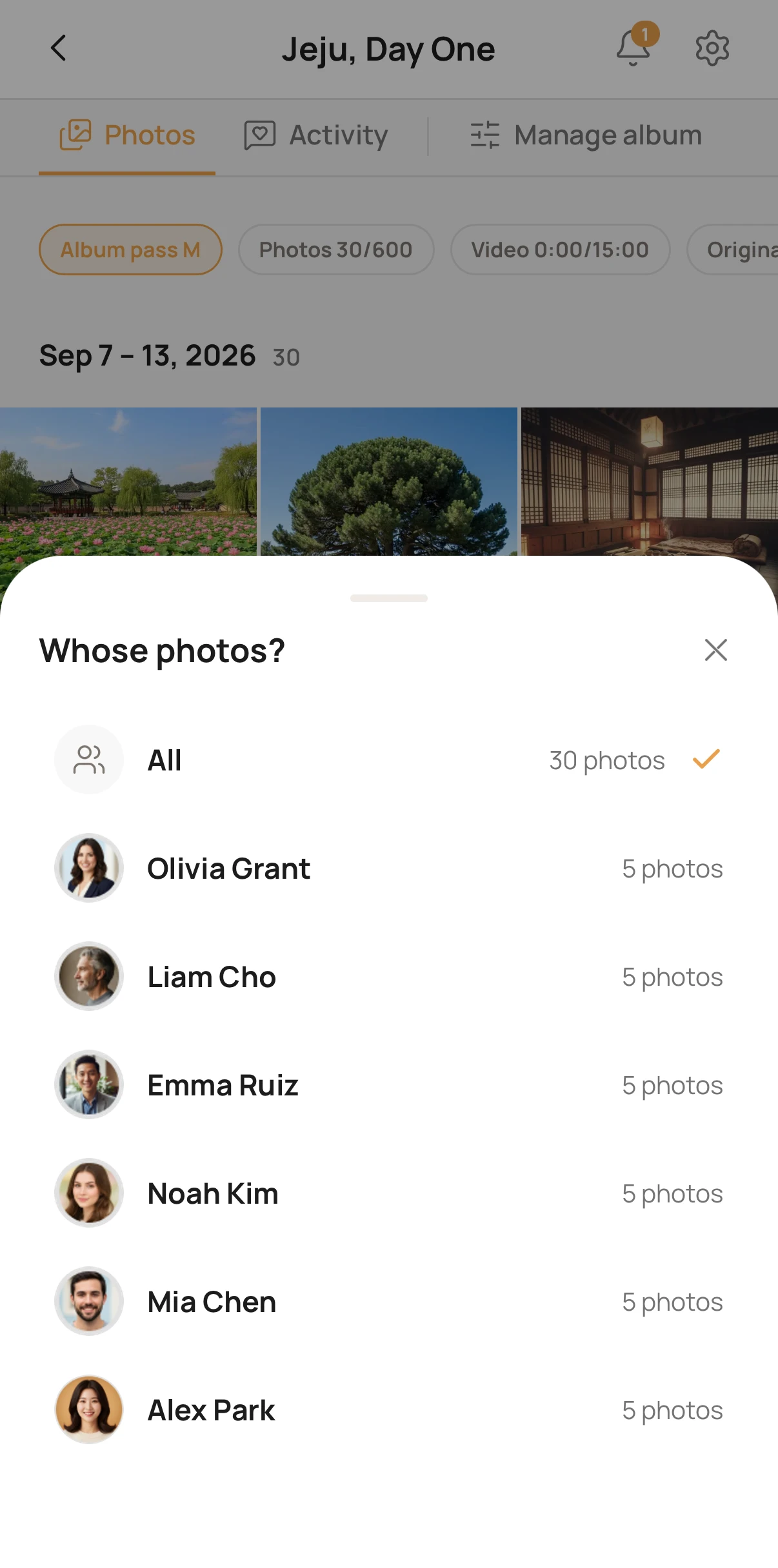 “Whose photos?” — see how many each person added, and pick